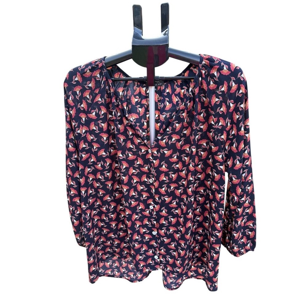 West Kei Blouse Womens XL Blue Floral Button Front Long Sleeve Split Neck